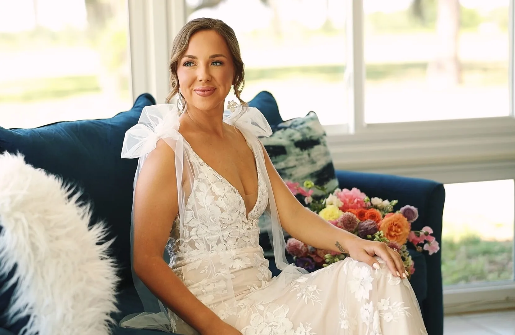 Bride Shelby in her wedding dress at Scars Farm