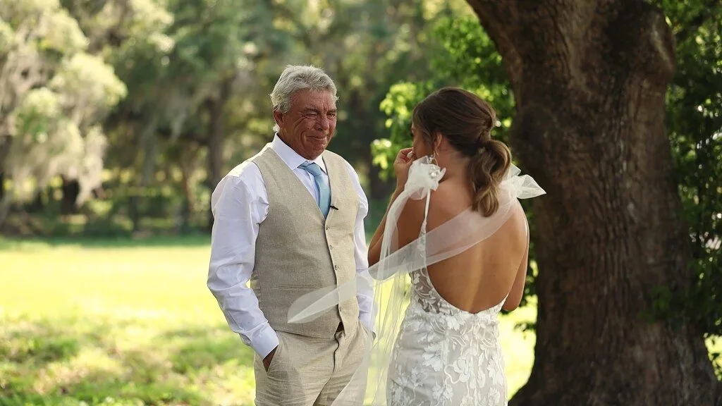Father seeing his daughter as a bride at Scars Farm